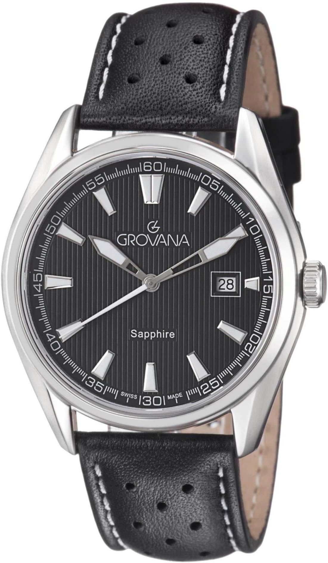 Grovana Men's White Stitching Black Leather Strap Watch
