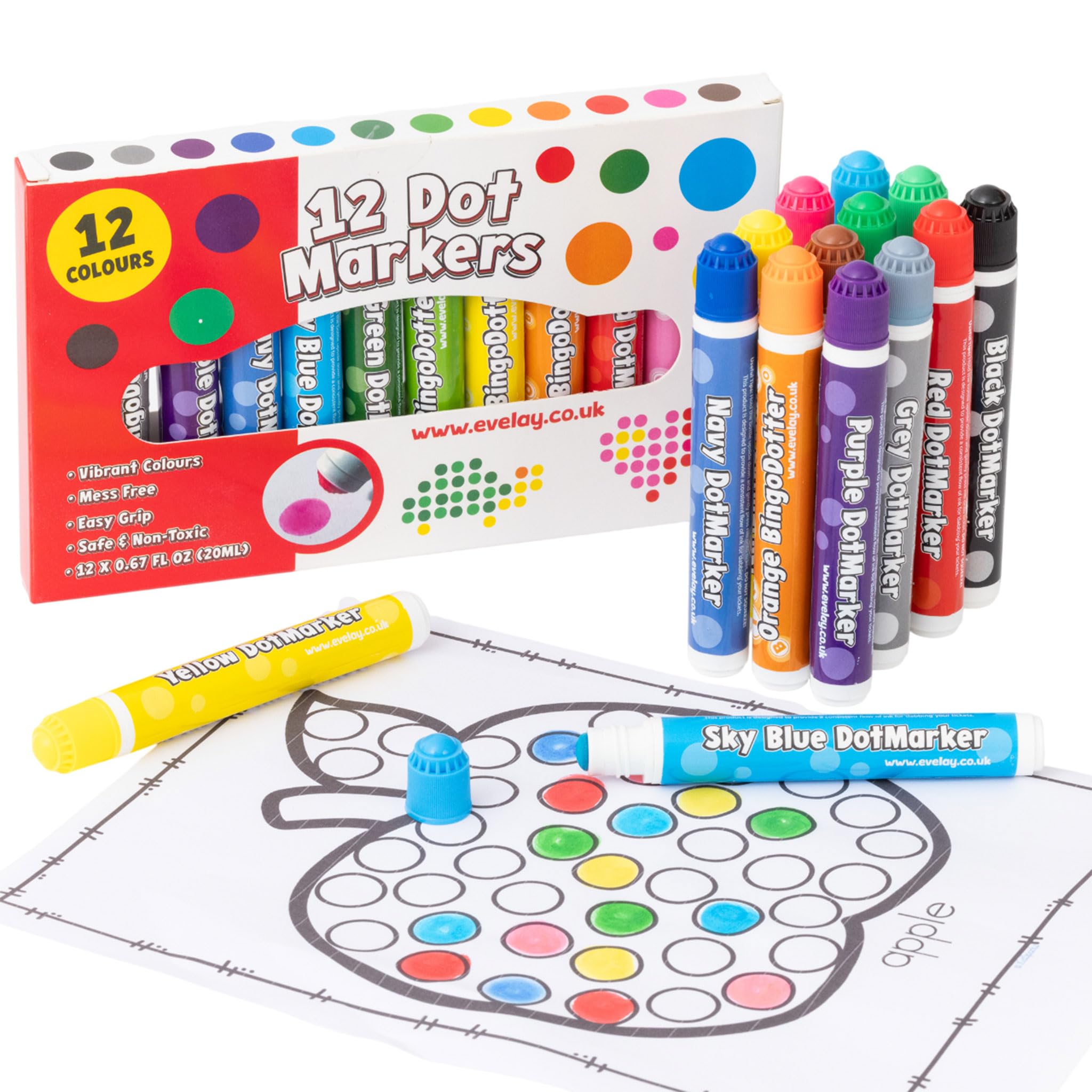 evelay 12 Coloured Dotters Dabbers Felt Dot Markers Mixed Pens Ticket Dobbers Non Drip
