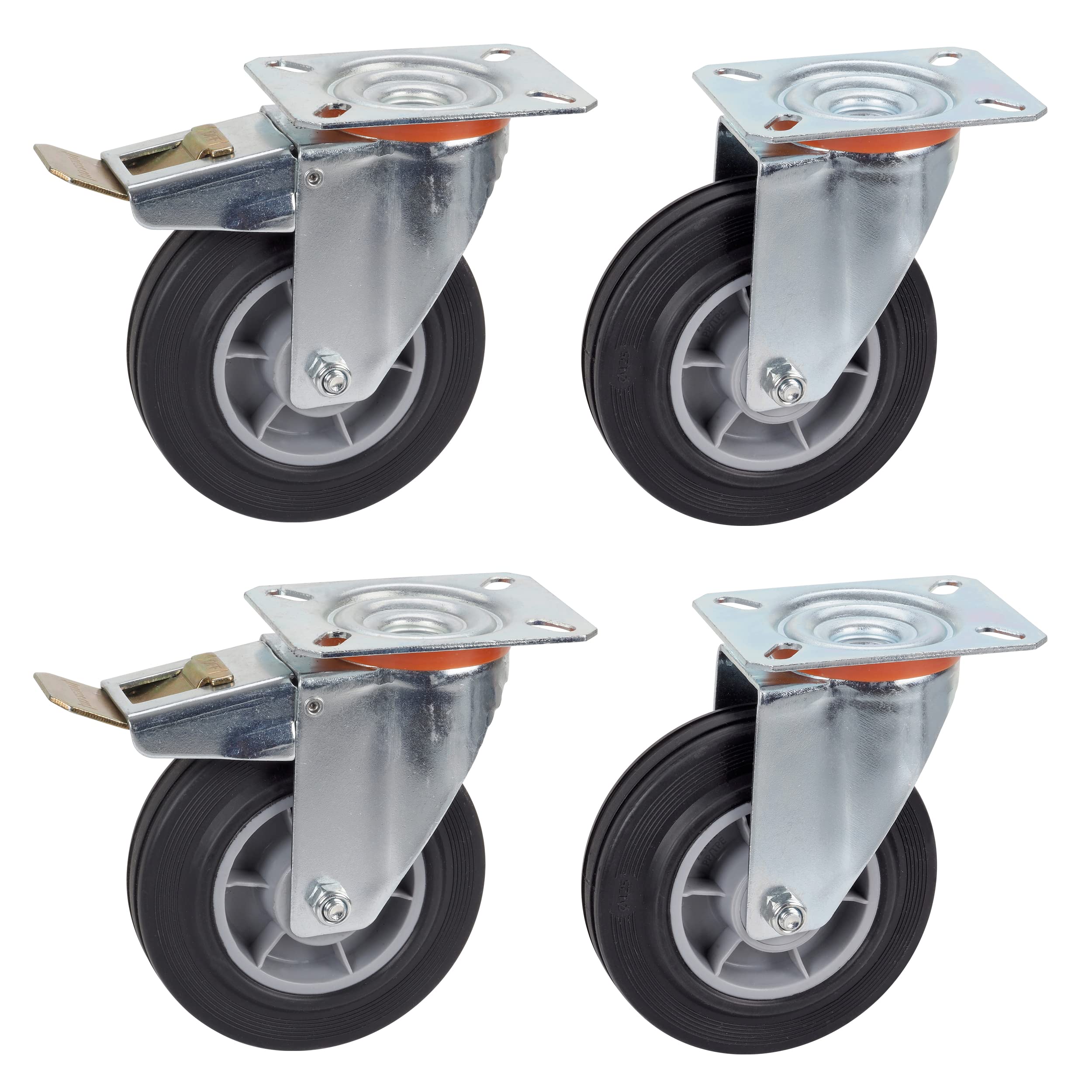 Dörner + Helmer Set of 4 Transport Equipment Swivel Castors 125 mm TPE, Panel 100 x 85 mm, Roller Mix, Load Capacity 300 kg per Set