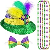 3PCS Mardi Gras Hat Sequin Fedora Hat, Mardi Gras Accessories Set Include Sequin Hat Sequin Bow Tie Necklace for Men Costume Outfit Carnival Party Metallic