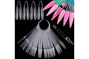 LoveOurHome 150PC Stiletto Nail Swatch Sticks Clear Practice Nail Tips Fan Cards Nail Art Display Board Nail Polish Color Swatches Sticks Tips Sample Tester Nail Skill Practice Tools Kit with Ring