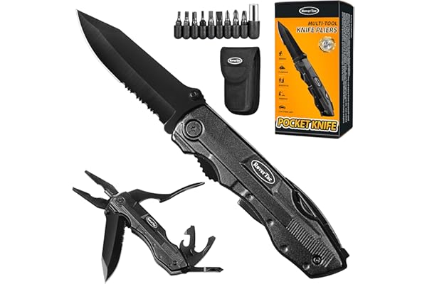 RoverTac Pocket Knife, 15-in-1 Multitool with Pliers, Bottle & Can Opener, 9 Screwdriver Bits, Locking Mechanism & Nylon Shea