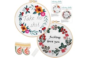 Nuberlic 2 Pack Embroidery Kits for Beginners, Cross Stitch Starter Kit Adults Include 2 Embroidery Cloth with Pattern, 2 Embroidery Hoops, Color Thread and Needles