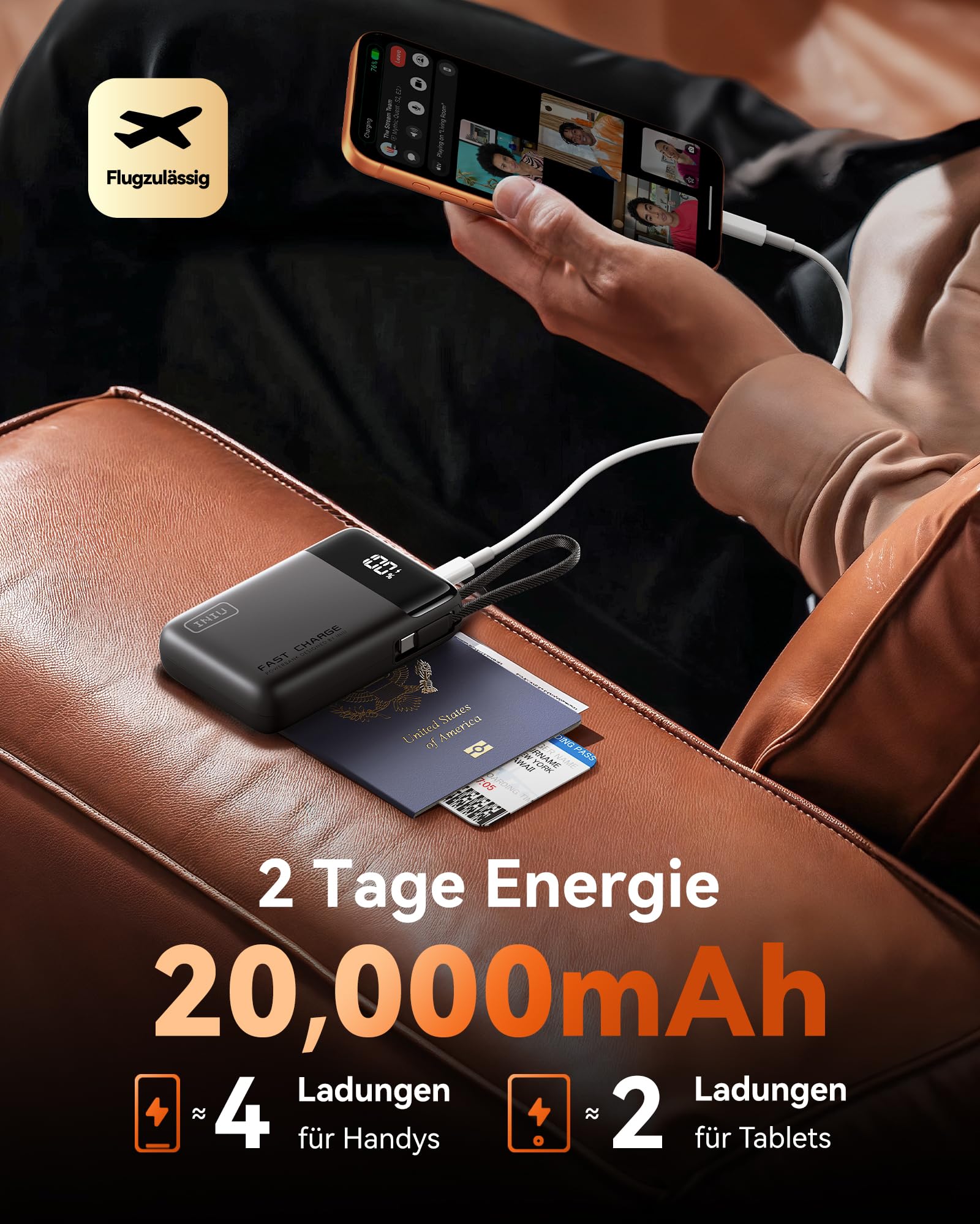 INIU 45W Power Bank, Ultra Klein 20000mAh Powerbank iPhone mit Integriertem USB-C Kabel, Schnellladen Externe Handyakkus Mini, Klein Aber Stark für iPhone 17 16 15 Pro, Samsung S22, Xiaomi, iPad etc 5