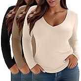 Evervibe 3 Pack Women's Plus Size Shirts, Deep V Neck Long Sleeve Tops Slim Fit Cotton Blend T-Shirts Casual Basic Layer Tee