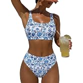 ZAFUL Women's High Waisted Swimsuit Scoop Neck Textured Floral Bikini Set 2 Piece Bathing Suit