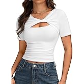 Remidoo Women's Twist Neck Cut Out Crop Top Short Sleeve Fitted Going Out T Shirt