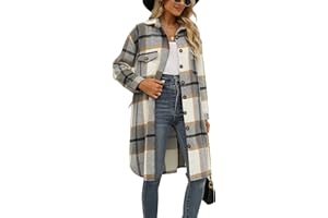 SeekMe Women's Long Plaid Shirt Jacket Shacket Lapel Button Down Woolen Blend Casual Tartan Over Shirt Trench Coat