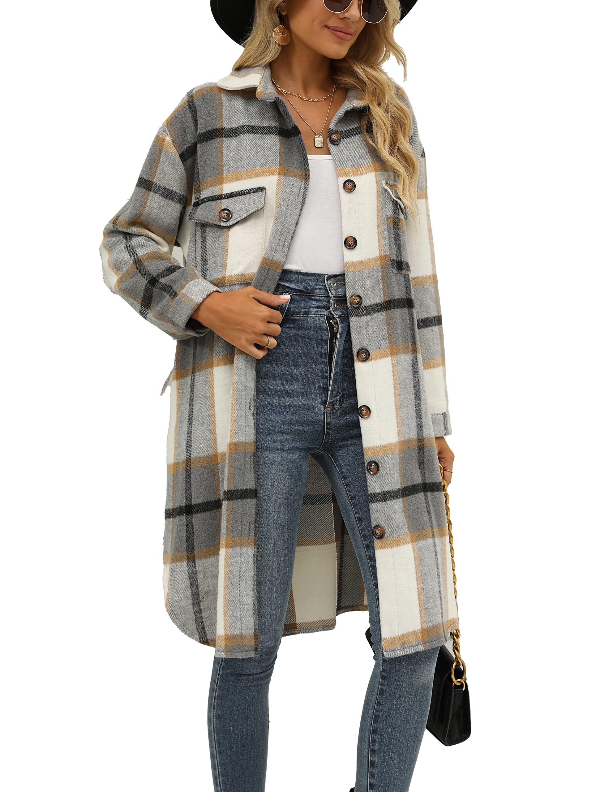 Photo 1 of SeekMe Women's Plaid Long Shirt Jacket Button Down Long Sleeve Lapel Collar Pocket Shacket(0449-Grey-L-FY)