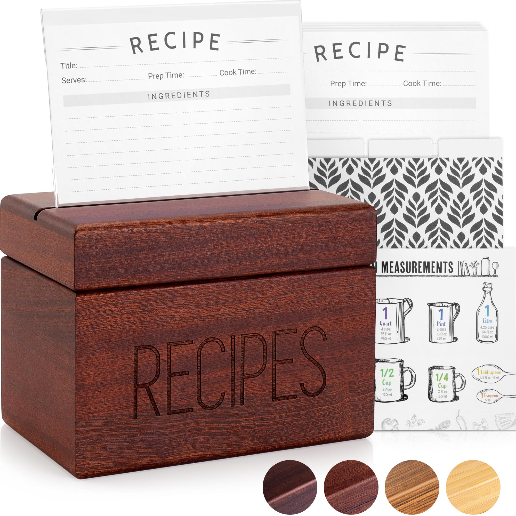 Apace Living Recipe Box with Cards and Dividers by Apace - Vintage Style Wood 4x6 Recipe Holder Card Box - Exclusively from The Premier Collection - Fits 240 Cards (Sapele)