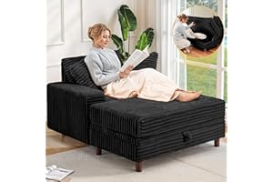Airynee 54" Chaise Lounge Chair Indoor, Multifunctional Oversized Chaise with Storage Ottoman and Pillows, Upholstered Sleeper Chair- Plush Sofa Bed for Living Room, Bedroom, Office, Black
