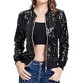 KANCY KOLE Womens Sequin Jacket with Pockets Casual Long Sleeve Front Zip Party Bomber Blazer S-2XL