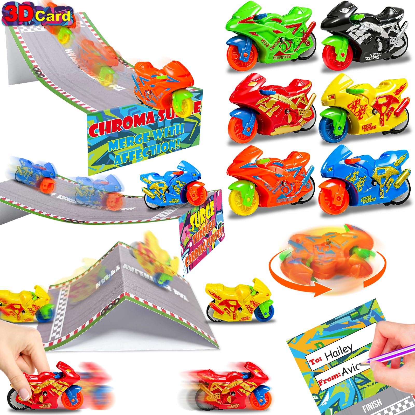 Photo 1 of [3D Race Card] Valentines Gifts for Teens, Valentines Cards with 3-In-1 Motorbike Toys Inertia Toy Friction Powered Cars & Cards for Kid Classroom Exchange Prizes Goodie Bag Filler Party Favor