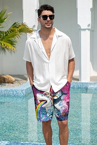 Mens Shark Cat Swim Trunks Rave 3D Galaxy Printed Rainbow Bathing