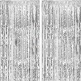 Fecedy 2pcs 3ft x 8.3ft Silver Metallic Tinsel Foil Fringe Curtains Photo Booth Props for Birthday Wedding Engagement Bridal 