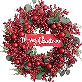 idyllic 22" Artificial Christmas Front Door Wreath, Red Green Wreath Decorated with Eucalyptus Leaves, Ball Ornaments, Red Berry Cluster, Indoor Outdoor Home Wall Window Porch Decor
