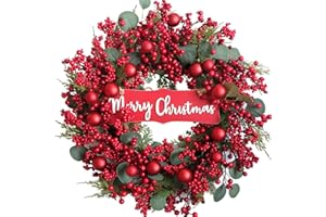 idyllic 22" Artificial Christmas Front Door Wreath, Red Green Wreath Decorated with Eucalyptus Leaves, Ball Ornaments, Red Berry Cluster, Indoor Outdoor Home Wall Window Porch Decor