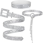 Jeyiour 3 Pcs Women Rhinestone Belt Diamond Elastic Waist Glitter Belt Shiny Crystal Silver Chain Bling Waistband Square Ring Wide Waist Band for Christmas Women Ladies Jeans Dress