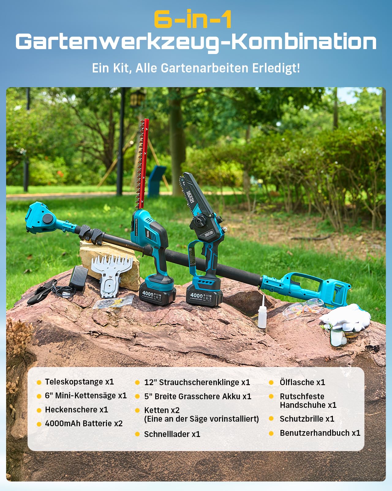 SEESII 6-in-1 Mini Kettensäge & Akku Heckenschere Set, Hochentaster mit 2 * 4000mAh Akkus, Maximale Reichweite bis zu 4,57m, Geeignet für Gartenpflege und zum Holzfällen 9