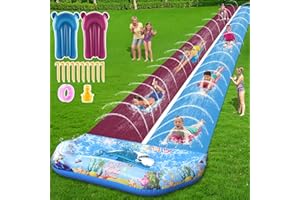 VEEST 32.8FT Extra Long Water Slide for Kids Adults-Giant Double Lawn Water Slip with 2 Bodyboards, Summer Water Slide Toys with Crash Pad for Backyard Outdoor, 32.8ft x 6ft