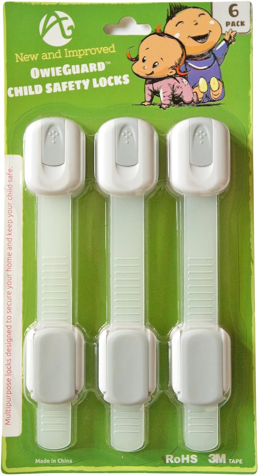 OwieGuard Child Safety Locks (6 Pack, Gray). These adjustable child safety latches can be used for baby proofing cabinets, drawers, doors, fireplaces and more. Designed as a multipurpose solution for child proofing and maximizing baby safety in any home. Install in 4 easy steps without drilling holes.