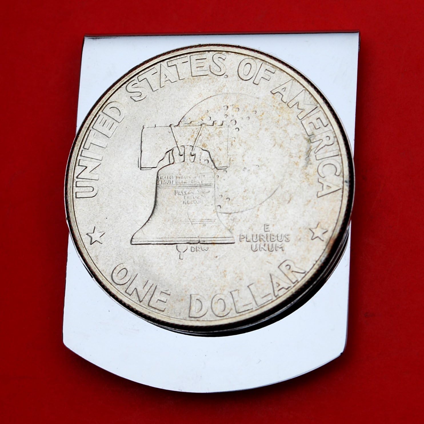US 1976 Eisenhower Dollar BU Uncirculated REVERSE Coin Stainless Steel Wide Design Large Money Clip NEW - Moon behind Liberty Bell