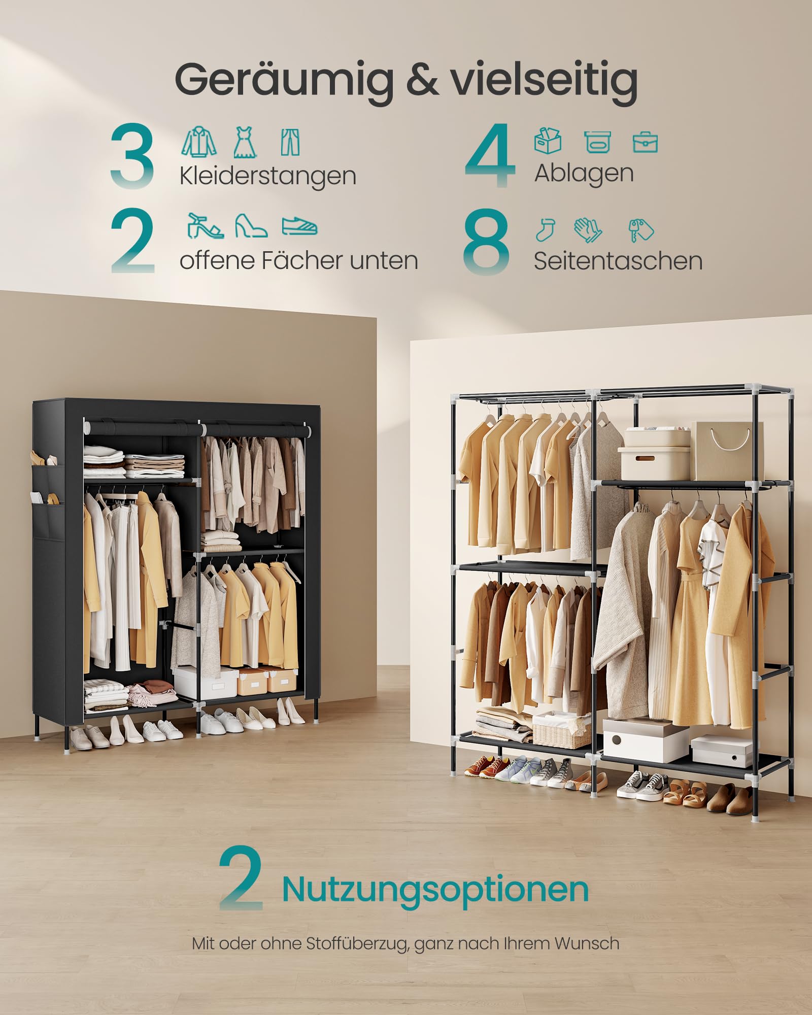 SONGMICS Kleiderschrank, Stoffschrank für Schlafzimmer, Schrank mit Kleiderstange, Ablagen, Seitentaschen, groß, 3 Hängefächer, 45 x 127 x 180 cm, schwarz RYG010BZ02 3