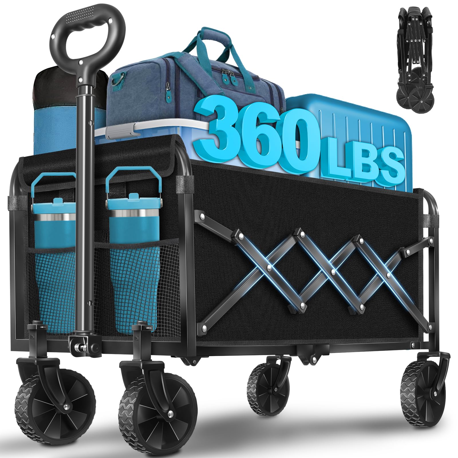 Photo 1 of Collapsible Wagon Cart with Wheels Foldable: 360LBS Heavy Duty Folding Utility Wagon - Portable All Terrain Grocery Wagon Cart for Groceries Shopping Outdoor Camping Fishing Sports (Dark Black)
