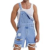 Runcati Mens Denim Shorts Bib Overall Jean Romper Casual Loose Fit Walkshort Button Pockets Summer Jumpersuit