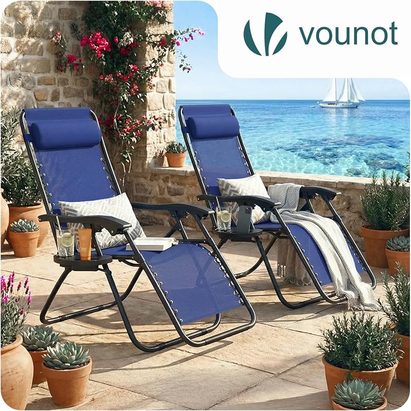 Set di 2 Sdraio da Giardino con Portabicchieri e Poggiatesta Regolabile, Sedia Pieghevole Zero Gravity da Esterno, Poltrona Relax, Carico Massimo 120kg, Blu