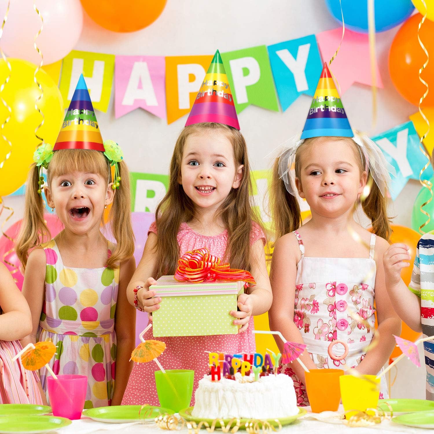 20 Pieces Rainbow Birthday Party Hats Fun Party Cone Hats Birthday Paper Hats Art Craft Caps Party Supplies for Kids Adults: Toys & Games