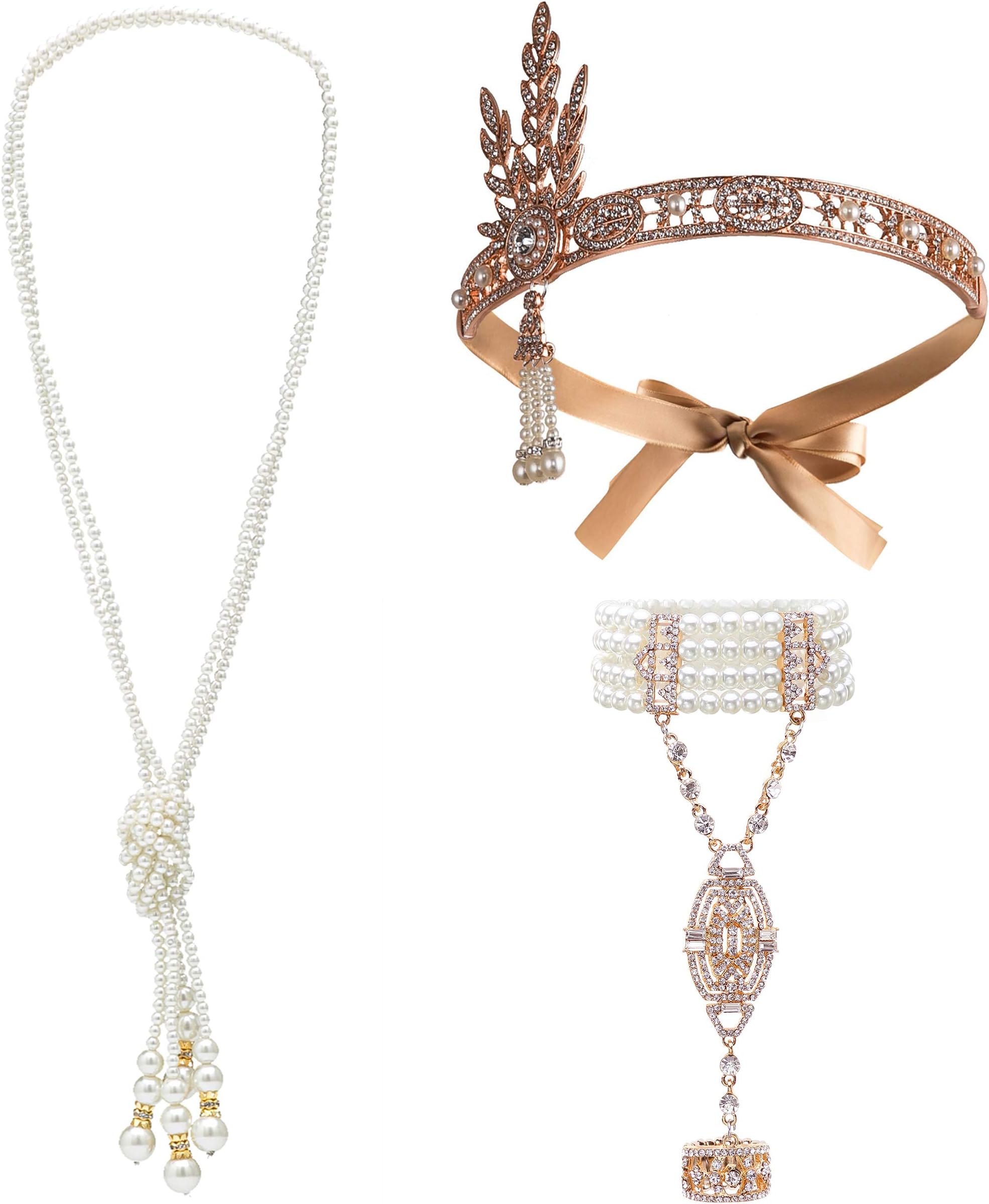 Great Gatsby Accessories Set for Women 1920s Flapper Necklace Headband Bracelets Costume Jewelry