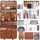 Leather Working Tooling Kit All-in-One Set Leatherworking Crafting Tools with Apron Custom Handbag Cutting Mats Stamping Engraving Punching Sewing Sanding Tools for Leather Making Repair Professional
