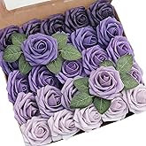 Floroom Artificial Flowers 25pcs Real Looking Lavender Purple Ombre Colors Foam Fake Roses with Stems for DIY Wedding Bouquets Bridal Shower Floral Centerpieces Party Tables Home Decorations