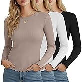 Velvelhall 3 Pack Women's Long Sleeve Shirts Ribbed Cotton Slim Fit Crew Neck Tops Layering Lettuce Trim Basic Tee Winter