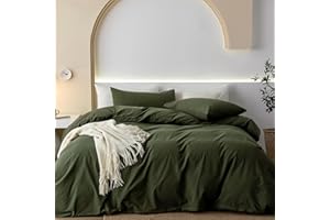 JIYUAN 100% Washed Cotton Duvet Cover Set Comfy Simple Style Soft Breathable Textured Durable Linen Feel Bedding for All Seasons Twin/Twin XL, Solid Olive Green