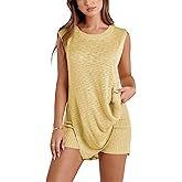 SeekMe Womens Summer Knit Sweater Set Sleeveless Tunic Top Matching Shorts 2 Piece Outfits Trendy Beach Louge Vacation Set
