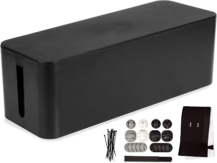 Amazon Com Large Cable Management Box Black Cord Organizer And Hider For Wires Power Strips Surge Protectors More Includes Cable Sleeve Hook And Loop Keepers Zip Ties Clips Home