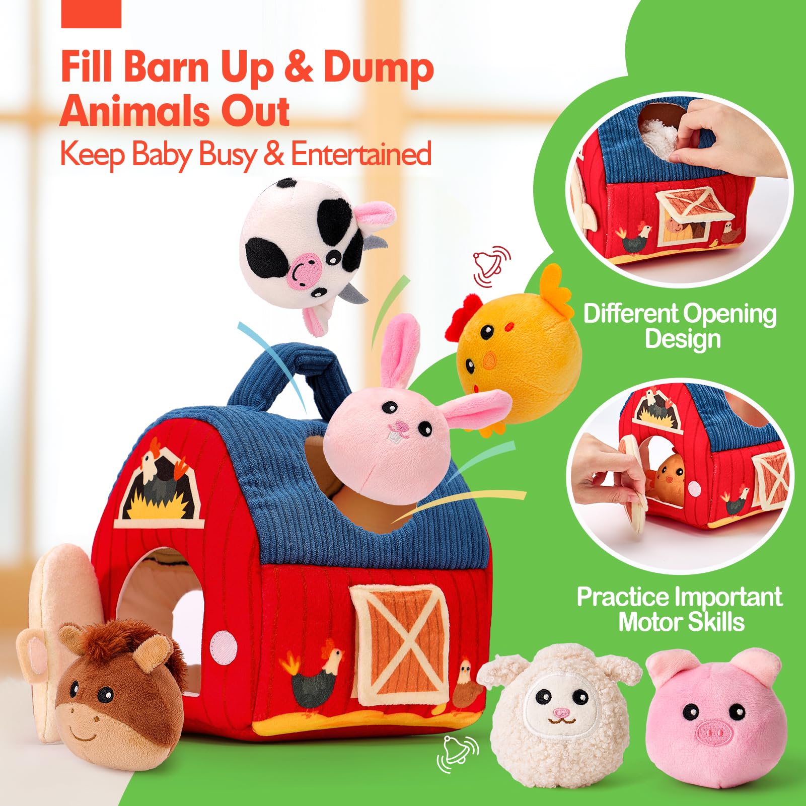 hahaland Baby Toys 6-12 Months - Surprise Barn Stuffed Farm Animals, Rattle, Crinkle, Mirror, Montessori Toys for 6 Month Old Babies Sensory Balls Toddlers 1-3 Gifts Christmas Baby Stocking Stuffers