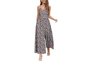 LAISHEN Wide Leg Jumpsuits for Women Casual Summer Floral Adjustable Spaghetti Strap Smocked Long Rompers with Pockets