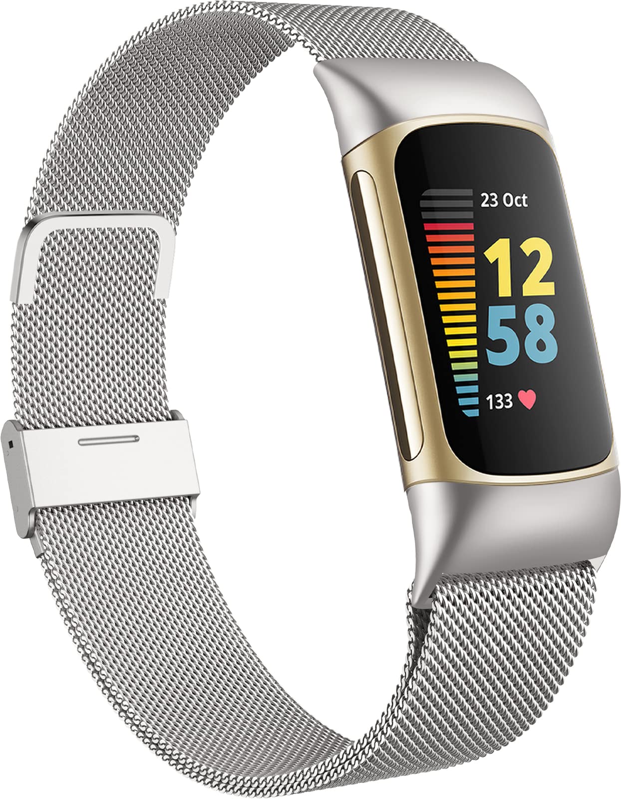 Faliogo Metal Strap Compatible with Fitbit Charge 5/6, Adjustable Mesh Loop Stainless Steel Replacement Band for Women/Men, Sliver