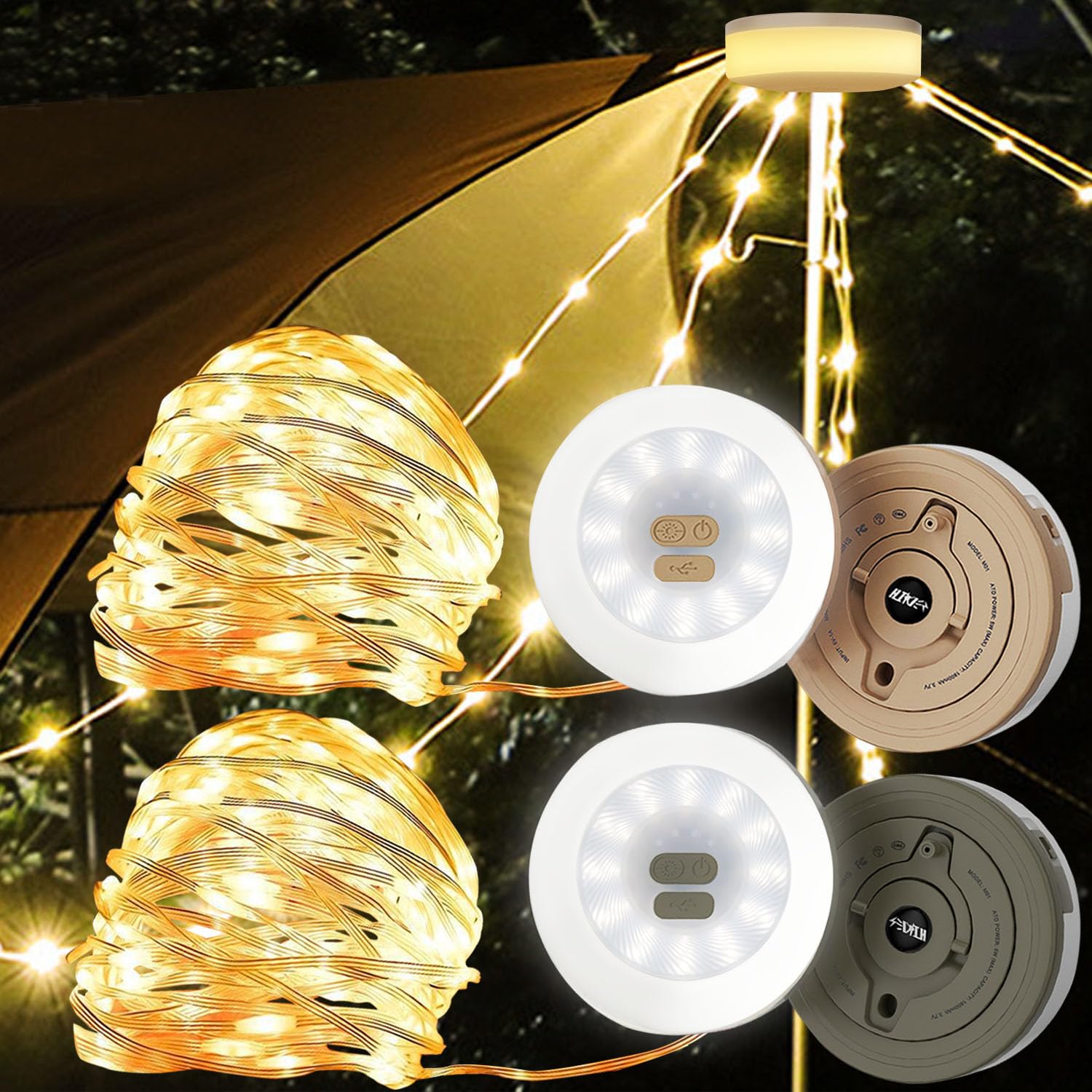 2 Pack Portable Outdoor Camping String Lights, Stowable Strip Light, USB Rechargeable IP65 10M Rope Tent Lantern Retractable for Campsite, Awning, Bedroom, Backyard (10M-Warm White-2PS, Green&Yellow)