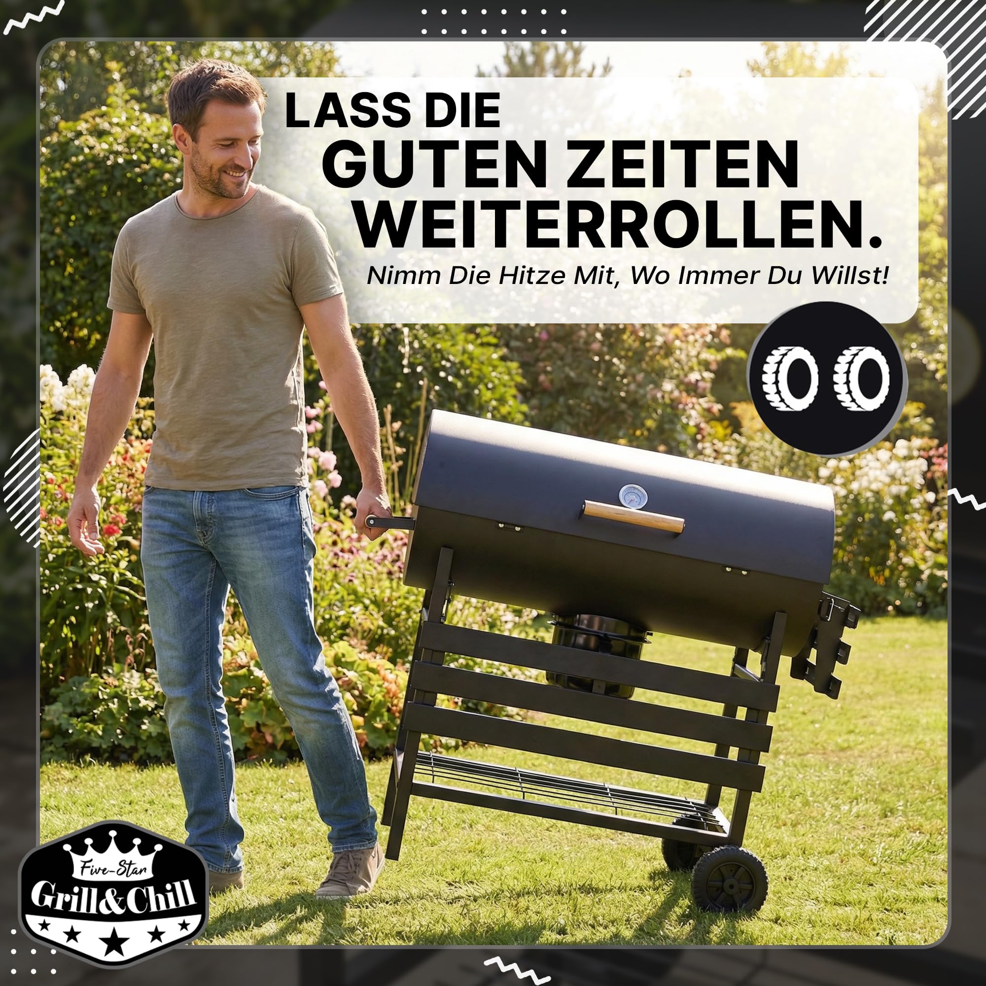 Five-Star Grill&Chill Holzkohlegrill mit Deckel – Großer Grillwagen mit Chromrost 71×35 cm & Thermometer – Für Garten & Terrasse – Aschekasten, Lüftungsöffnungen, 2 Räder 7