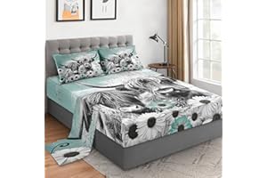 WeCozy 4 Pieces King Size Bed Sheet Sets with Pillowcases, Highland Cow Animal Soft Microfiber Bedding Set for Kids and Adults, Buffalo Bull Farm Daisy Flat Sheet, Fitted Sheet for Bedroom Bed Decor