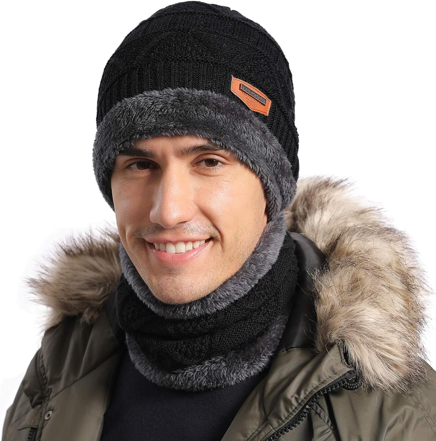 NovForth Hat Neck Warmer Set Beanie Knitting Hat Scarf Warm Fleece Lined Wool Baggy Slouchy Thick Ski Cap