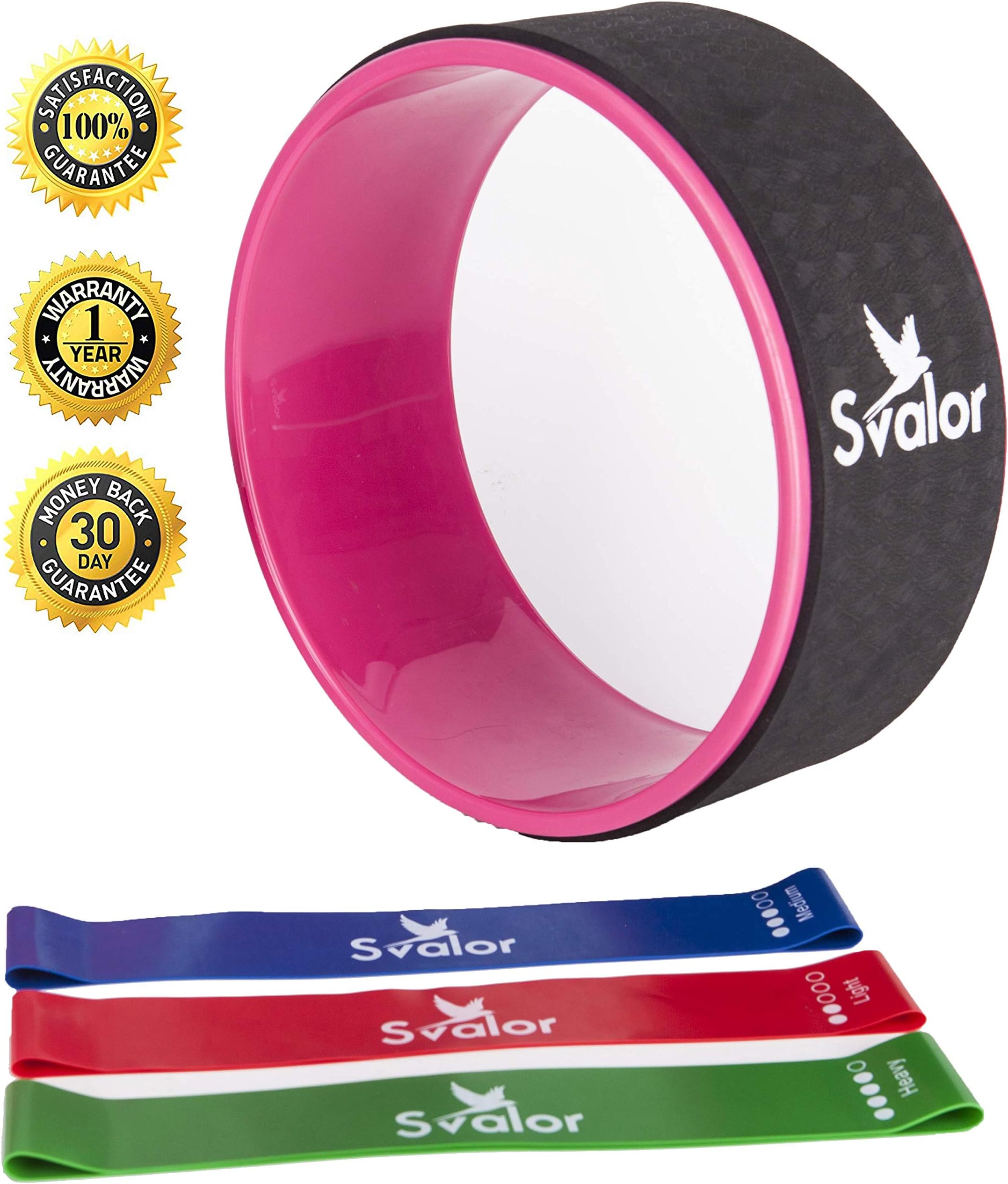 SVALOR Yoga Wheel for Stretching Set with 3 Level Mini Bands - Comfortable Spine Roller Wheel - Back Stretcher Ring for Pain Relief - Dharma Yoga Stretch Circle - Essential Yoga Accessories Equipment