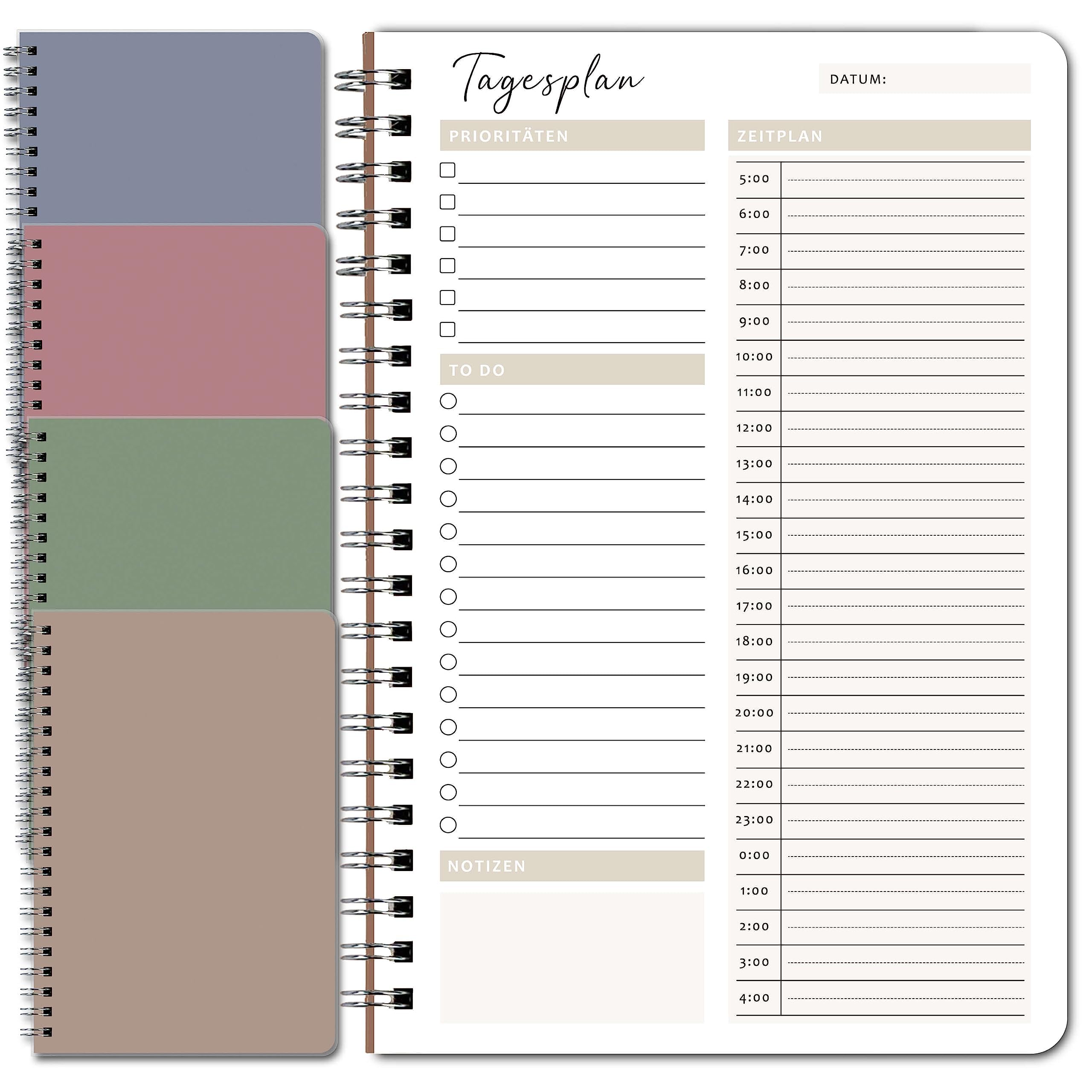 Biroyal Time Management Manual 4 Pieces To Do List Daily Planner Spiral Pad 100 Pages Notepads Diary Notebook for Travel School Organiser 4 Colours Wide Version