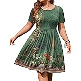 IN'VOLAND Womens Plus Size Dresses Short Sleeves Round Neck Casual Dresses Empire Waist Loose Flowy Dress with Pockets Green Floral