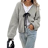 ZAFUL Women's Long Sleeve Cardigan Cute Tie Front V Neck Bow Puff Fall Winter Loose Knit Trendy Cardigan Sweaters 2025