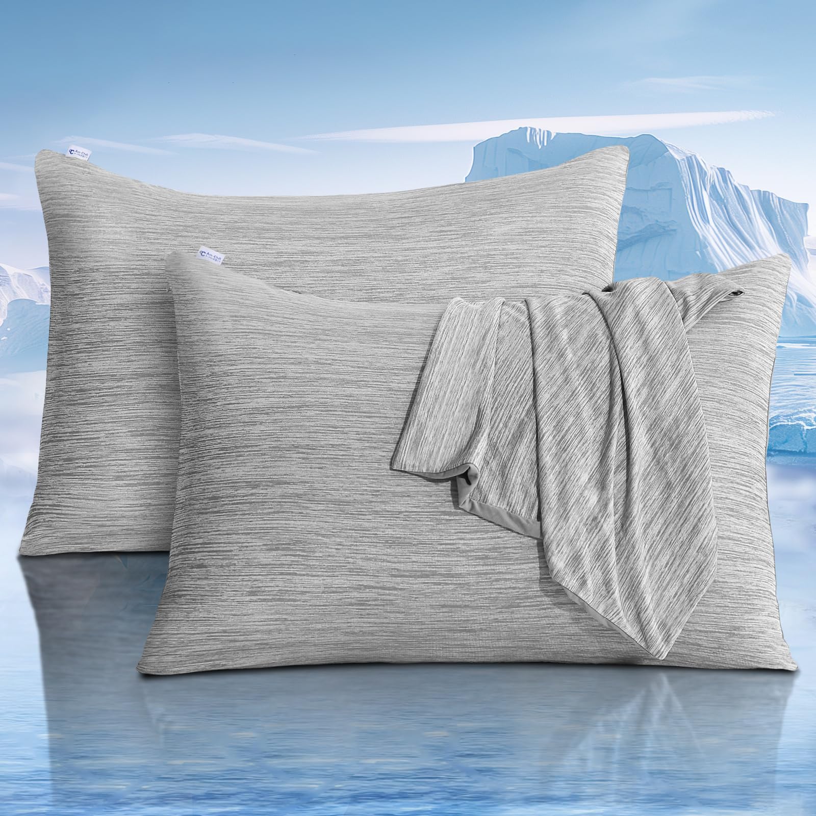 Avoalre 2Pack Cooling Pillowcases for Hair and Skin 50x75cm Double-Sided Cold Pillow Case Cover with Arc-Chill 3.0 Cooling Fiber(Q-Max＞0.5) Hidden Zipper Helps Sleep Hypoallergenic Gray